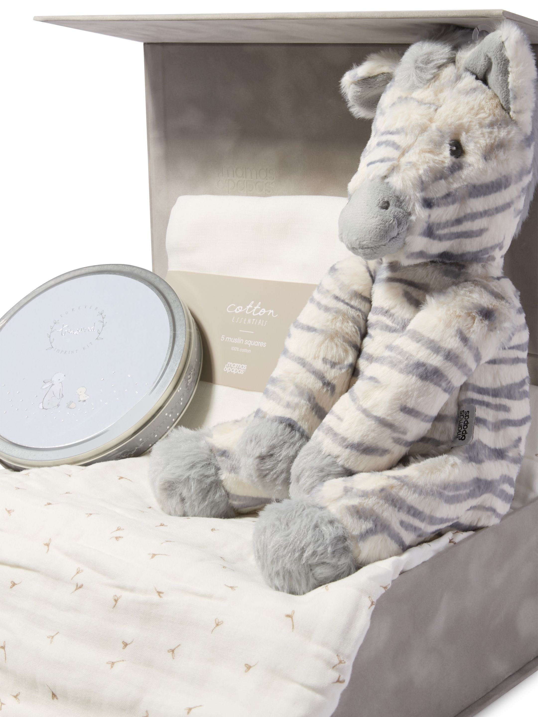 Keepsake Gift Set - Seed Muslin Blanket with Ziggy Zebra Soft Toy, Muslin Squares & Blue Imprint Tin image number 2